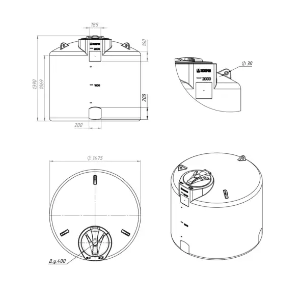 Емкость TOR 2000л под плотность до 1.5 г/см³ с откидной крышкой синяя